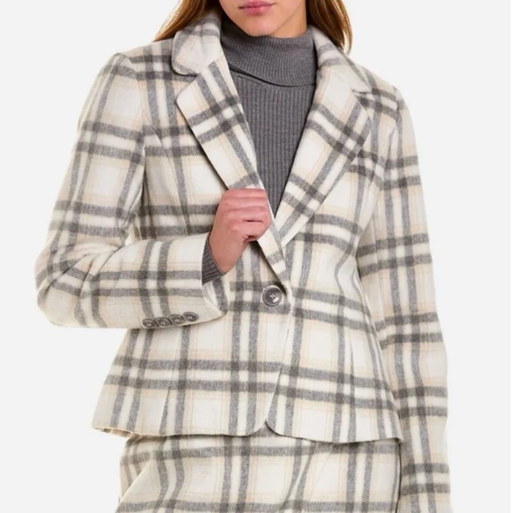 Bagatelle Collection Ivory Gray & Beige Plaid Single Button Blazer